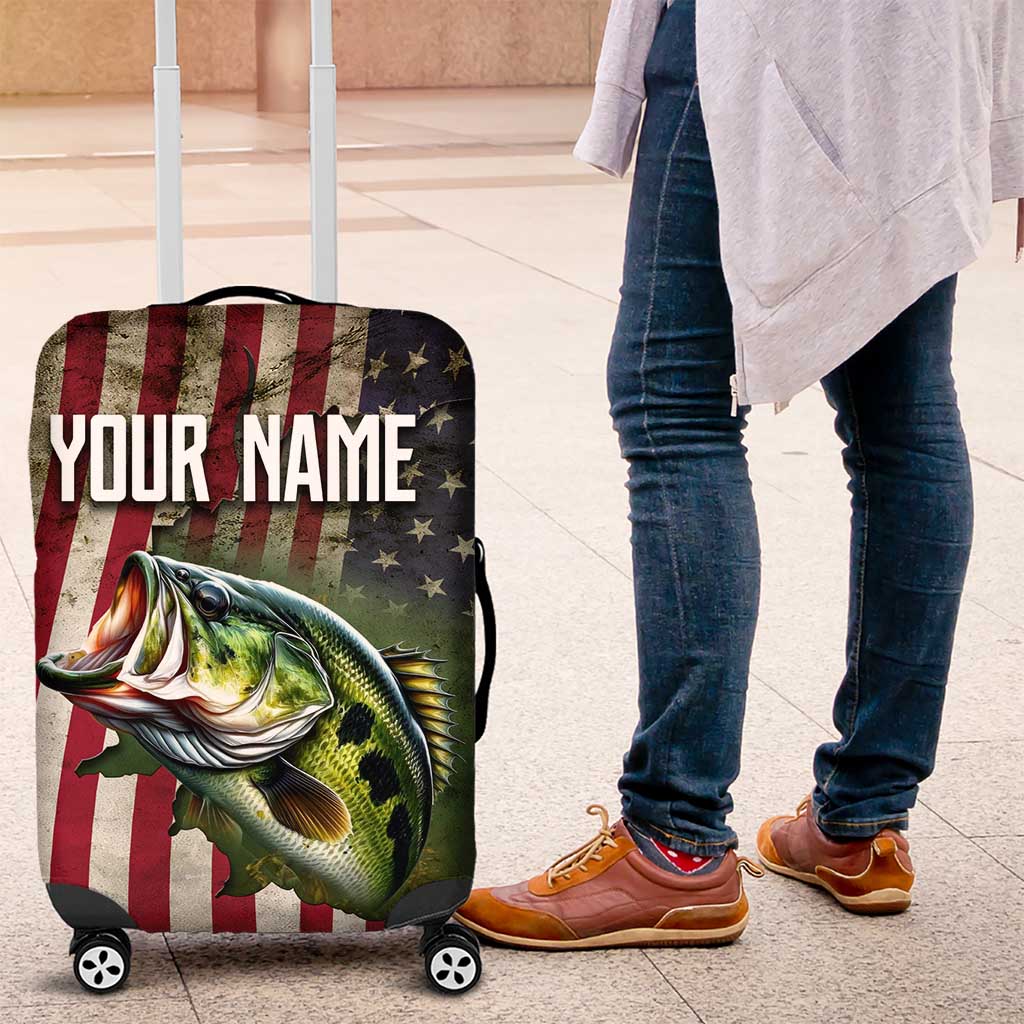 American Flag Largemouth Bass Fishing Luggage Cover Jumping Fish Graphic and Custom Name Design TS04
