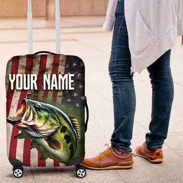 American Flag Largemouth Bass Fishing Luggage Cover Jumping Fish Graphic and Custom Name Design TS04