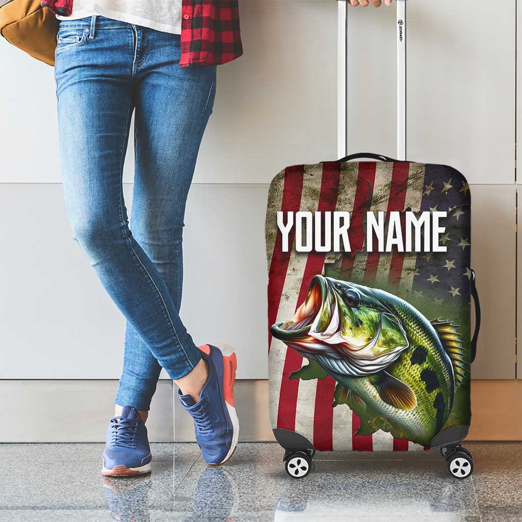 American Flag Largemouth Bass Fishing Luggage Cover Jumping Fish Graphic and Custom Name Design TS04