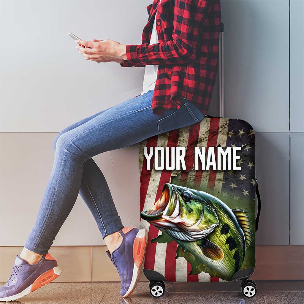 American Flag Largemouth Bass Fishing Luggage Cover Jumping Fish Graphic and Custom Name Design TS04