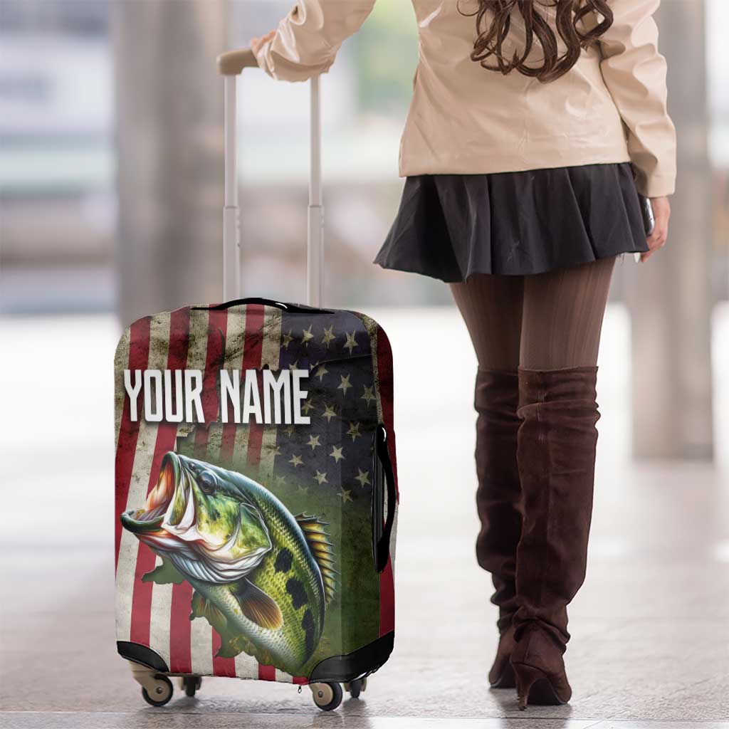 American Flag Largemouth Bass Fishing Luggage Cover Jumping Fish Graphic and Custom Name Design TS04
