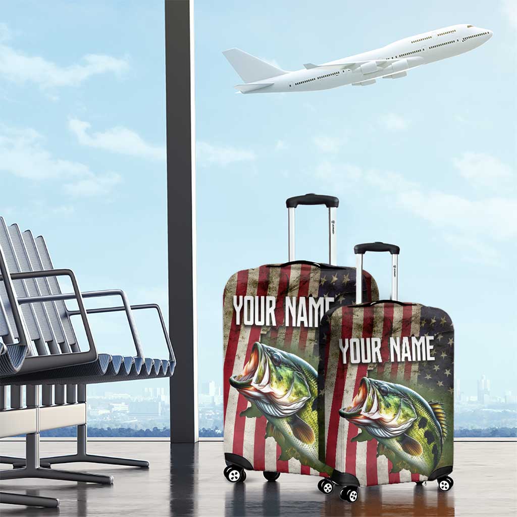 American Flag Largemouth Bass Fishing Luggage Cover Jumping Fish Graphic and Custom Name Design TS04