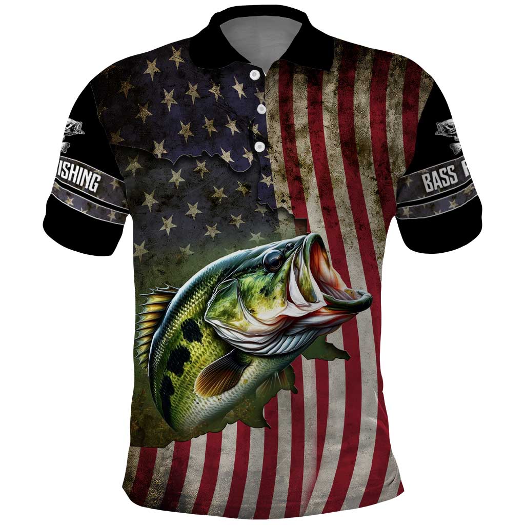 American Flag Largemouth Bass Fishing Polo Shirt Jumping Fish Graphic and Custom Name Design TS04