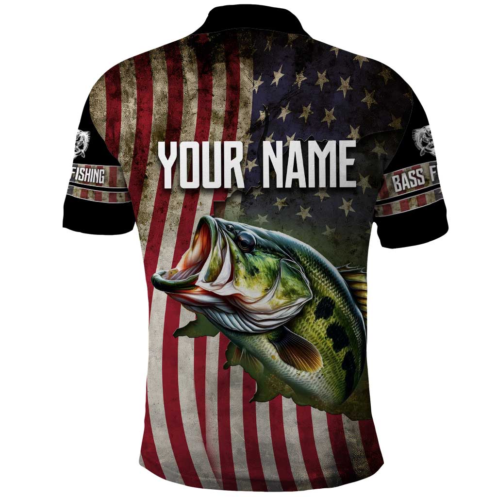 American Flag Largemouth Bass Fishing Polo Shirt Jumping Fish Graphic and Custom Name Design TS04