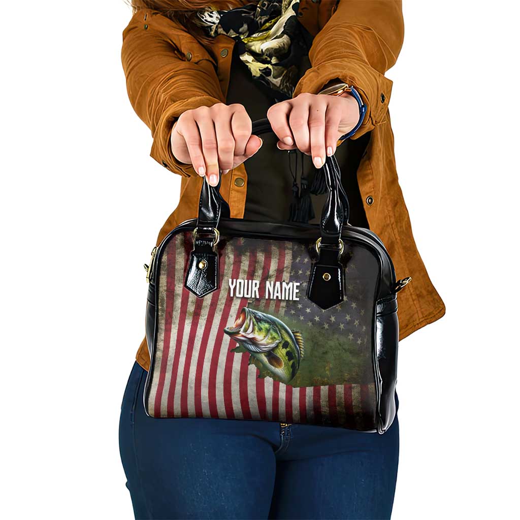 American Flag Largemouth Bass Fishing Shoulder Handbag Jumping Fish Graphic and Custom Name Design TS04