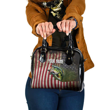 American Flag Largemouth Bass Fishing Shoulder Handbag Jumping Fish Graphic and Custom Name Design TS04
