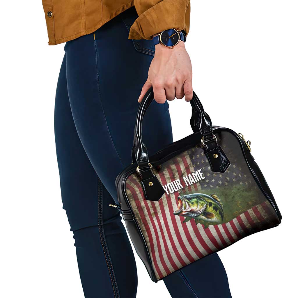 American Flag Largemouth Bass Fishing Shoulder Handbag Jumping Fish Graphic and Custom Name Design TS04