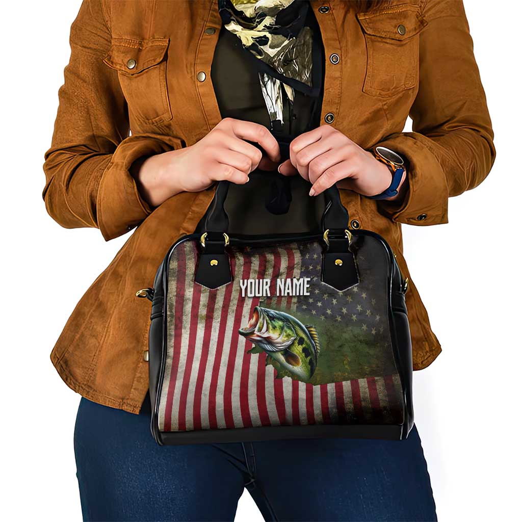 American Flag Largemouth Bass Fishing Shoulder Handbag Jumping Fish Graphic and Custom Name Design TS04