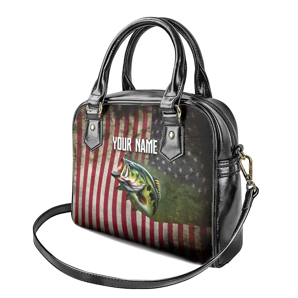American Flag Largemouth Bass Fishing Shoulder Handbag Jumping Fish Graphic and Custom Name Design TS04