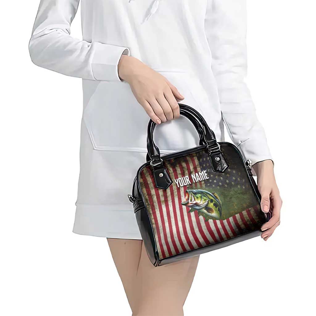 American Flag Largemouth Bass Fishing Shoulder Handbag Jumping Fish Graphic and Custom Name Design TS04