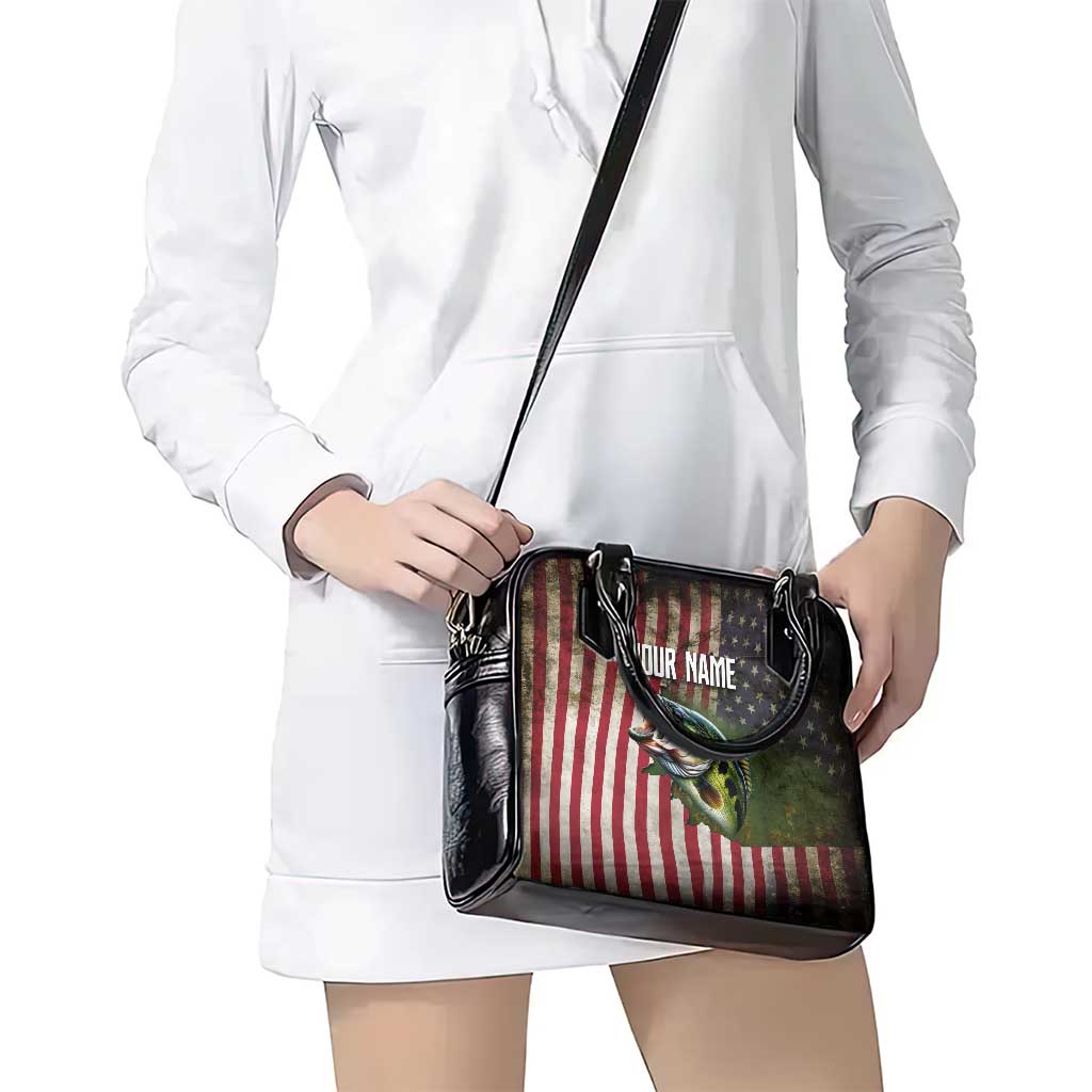 American Flag Largemouth Bass Fishing Shoulder Handbag Jumping Fish Graphic and Custom Name Design TS04