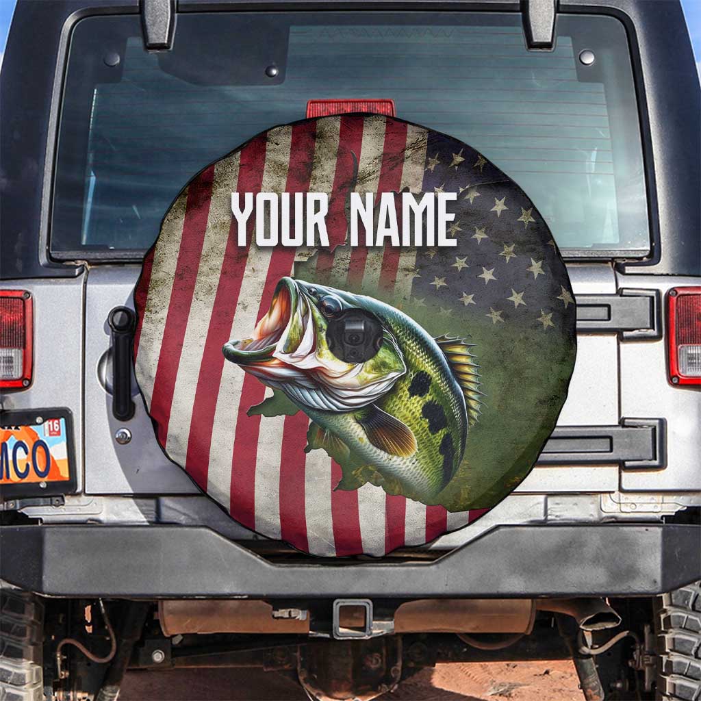 American Flag Largemouth Bass Fishing Spare Tire Cover Jumping Fish Graphic and Custom Name Design TS04