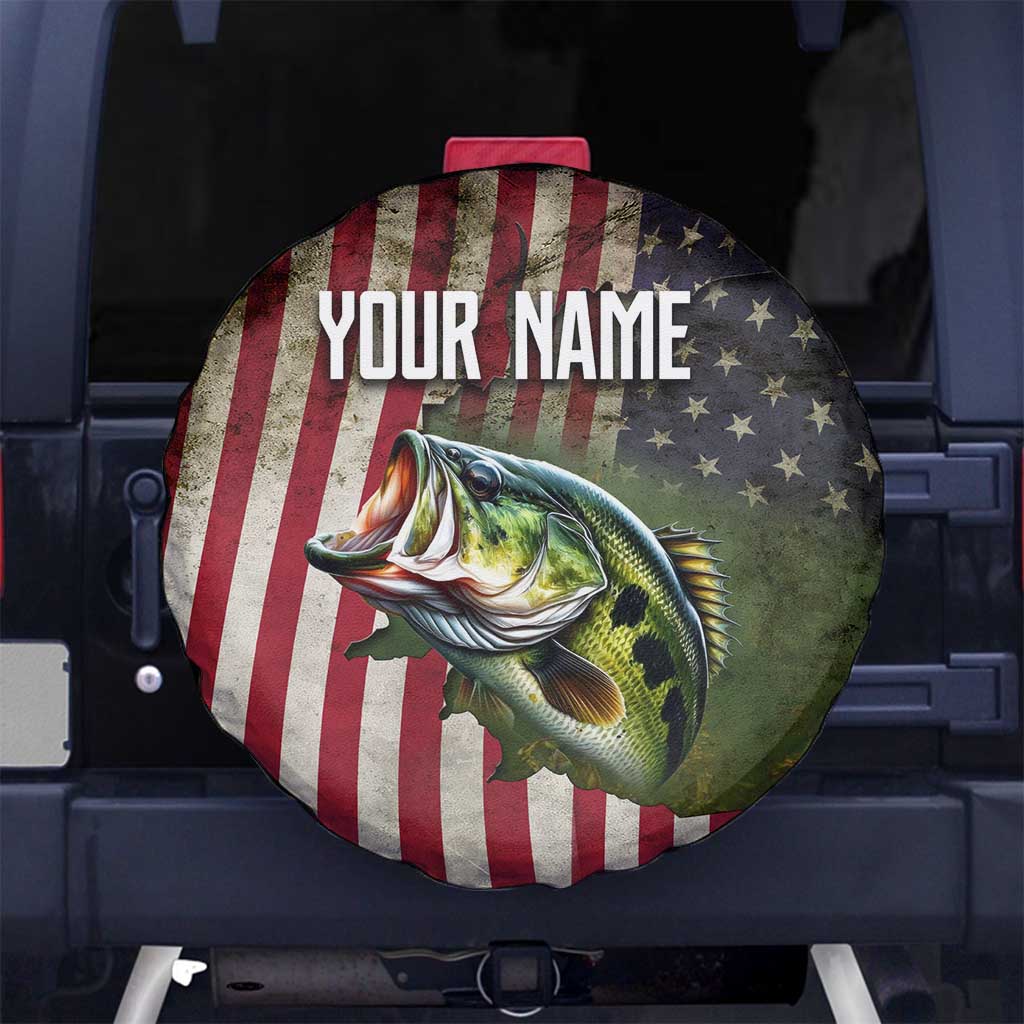 American Flag Largemouth Bass Fishing Spare Tire Cover Jumping Fish Graphic and Custom Name Design TS04