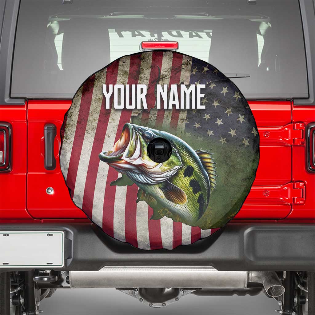 American Flag Largemouth Bass Fishing Spare Tire Cover Jumping Fish Graphic and Custom Name Design TS04