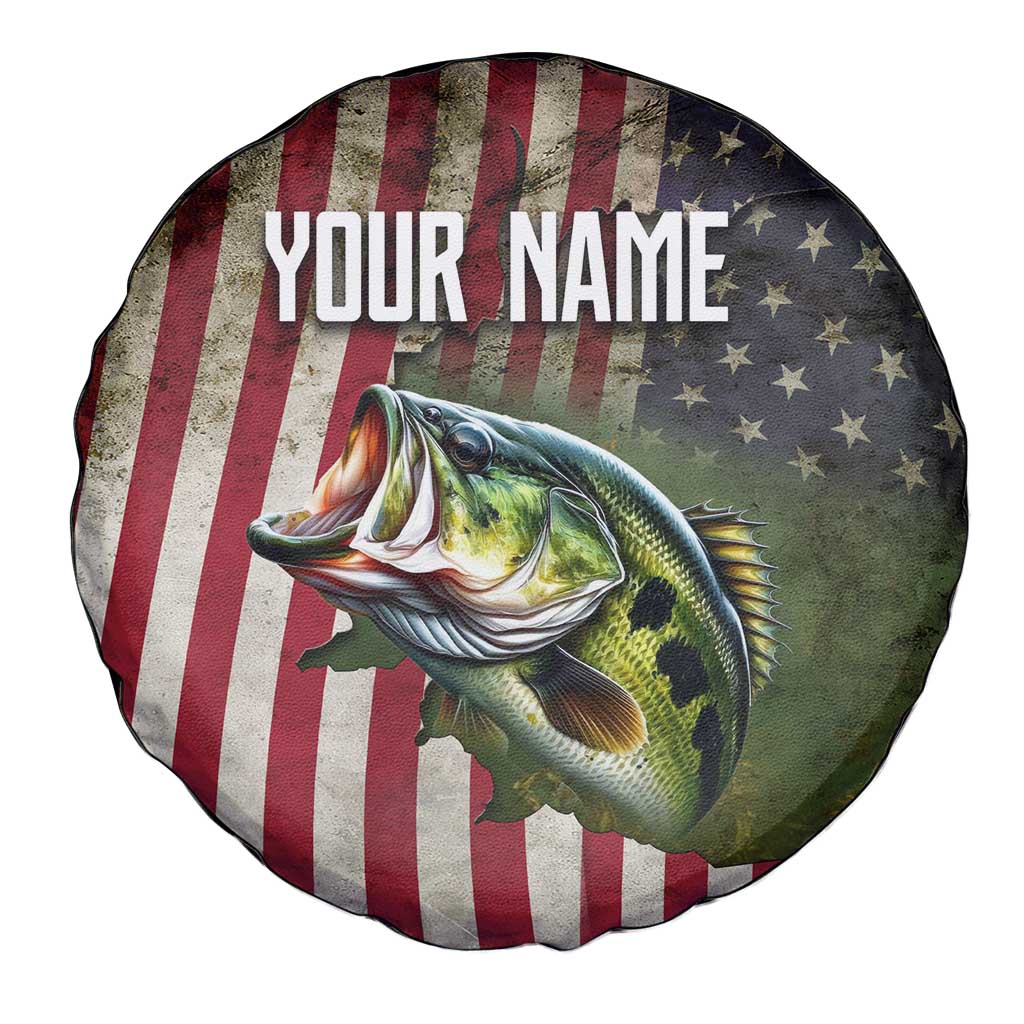 American Flag Largemouth Bass Fishing Spare Tire Cover Jumping Fish Graphic and Custom Name Design TS04