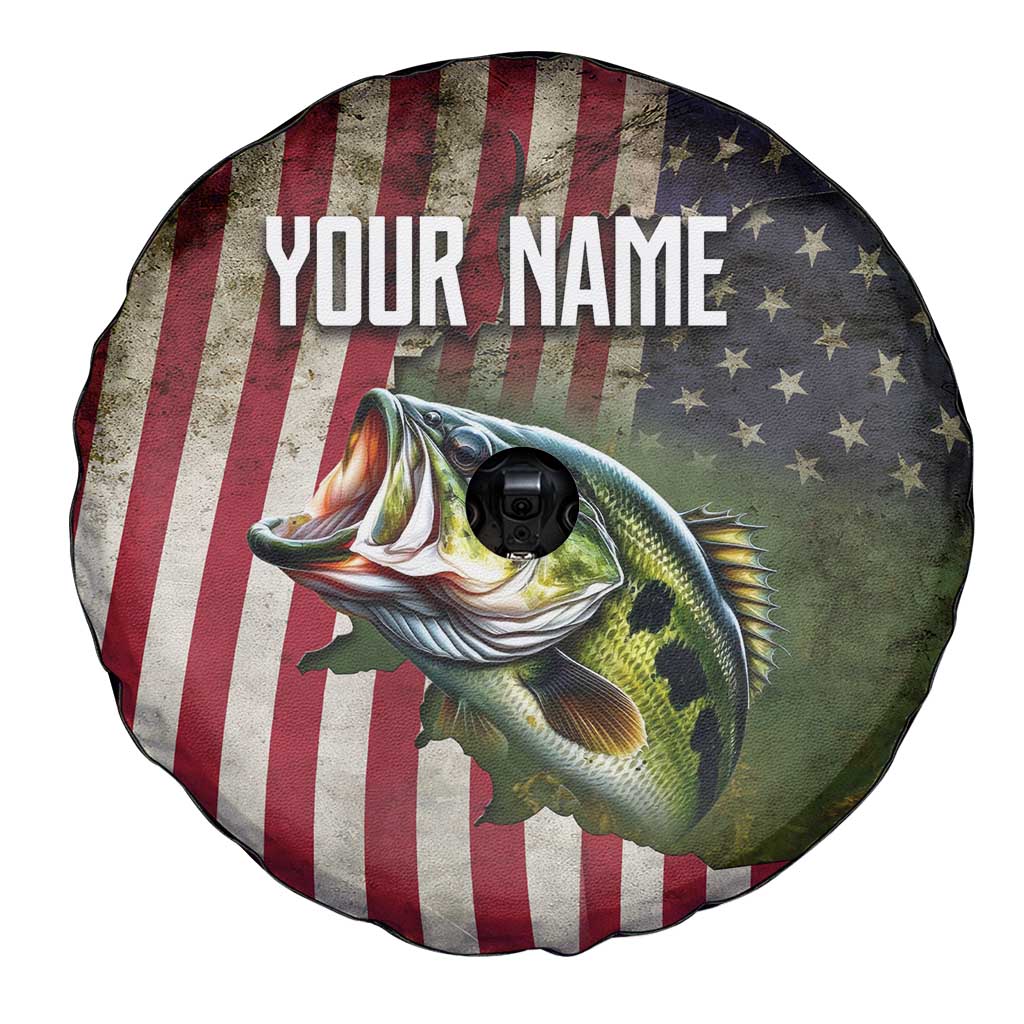 American Flag Largemouth Bass Fishing Spare Tire Cover Jumping Fish Graphic and Custom Name Design TS04
