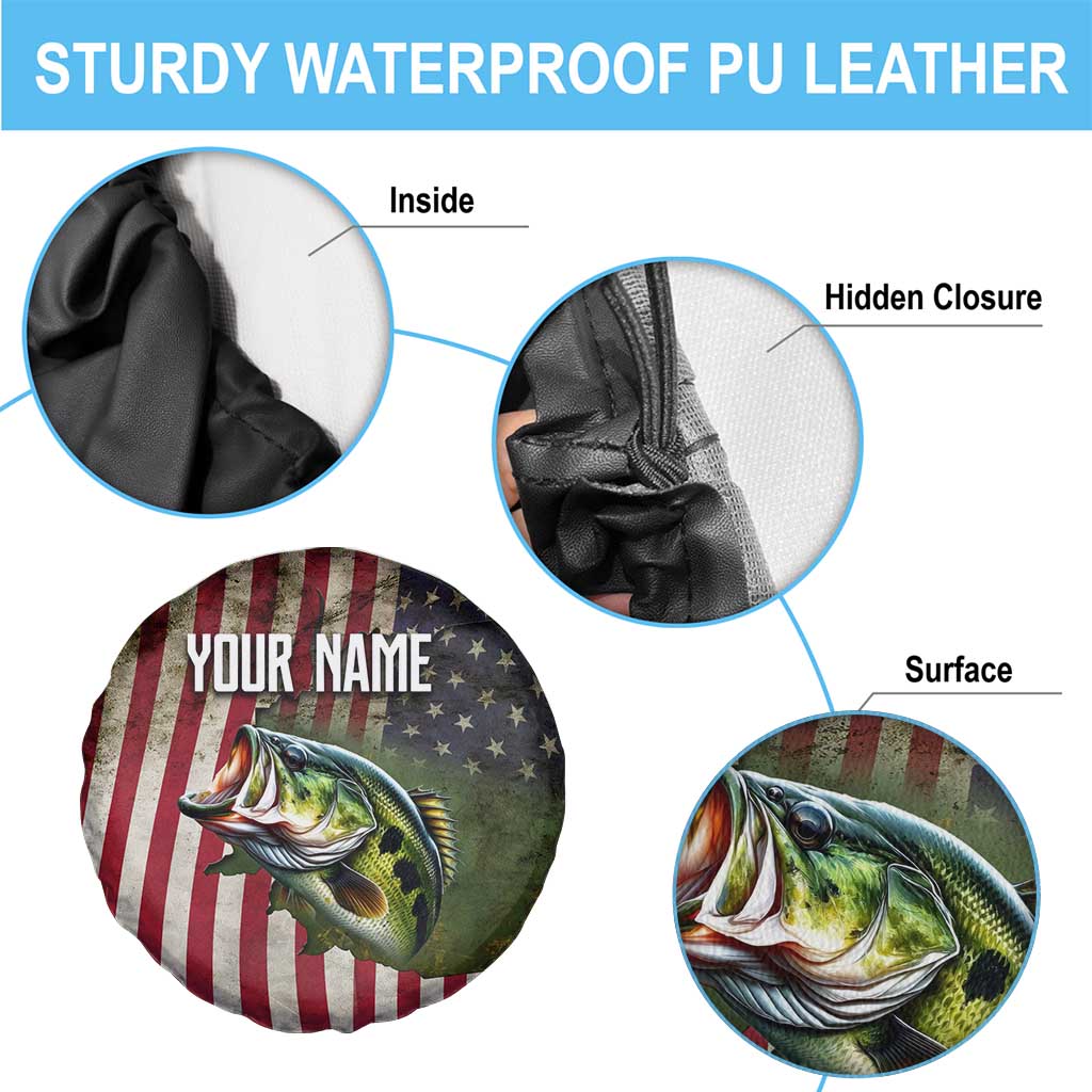American Flag Largemouth Bass Fishing Spare Tire Cover Jumping Fish Graphic and Custom Name Design TS04