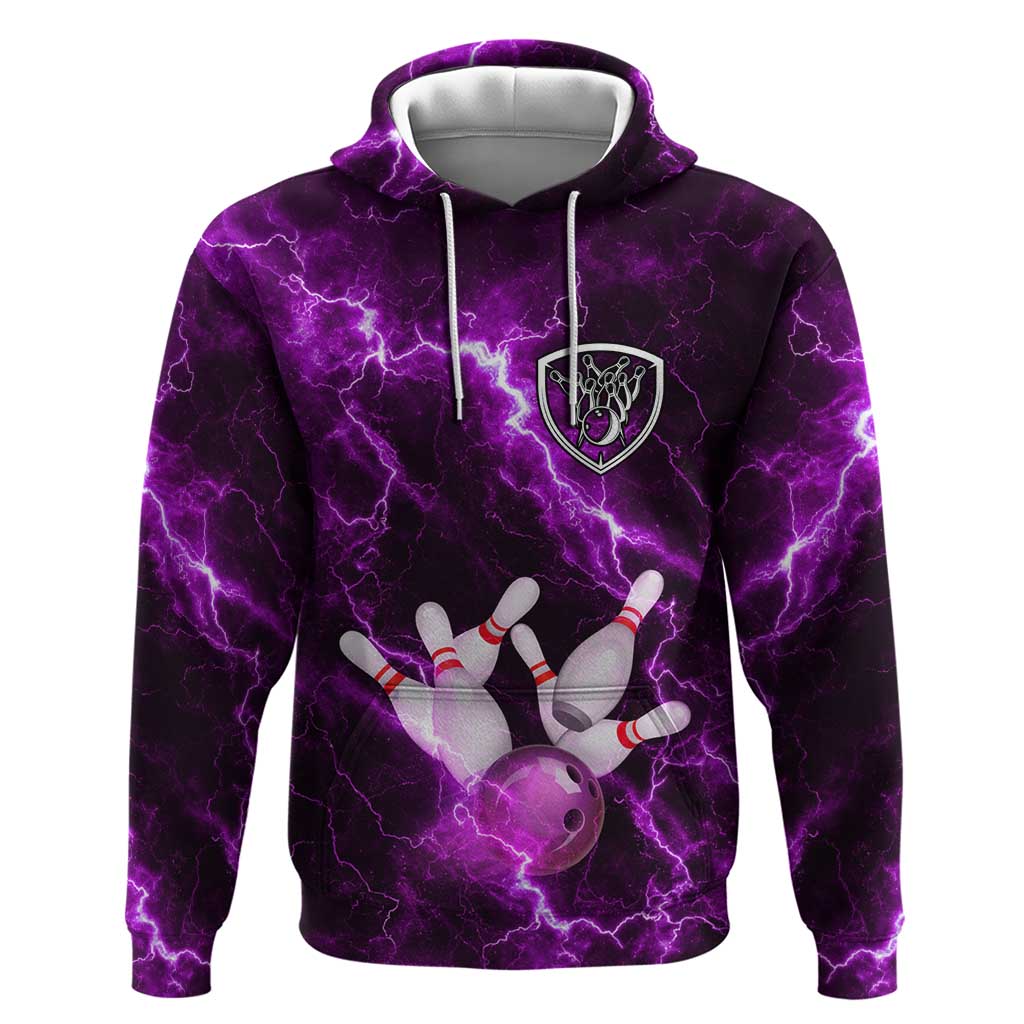 Bowling Ball and Pins Hoodie Purple Lightning Background and Custom Name Design TS04