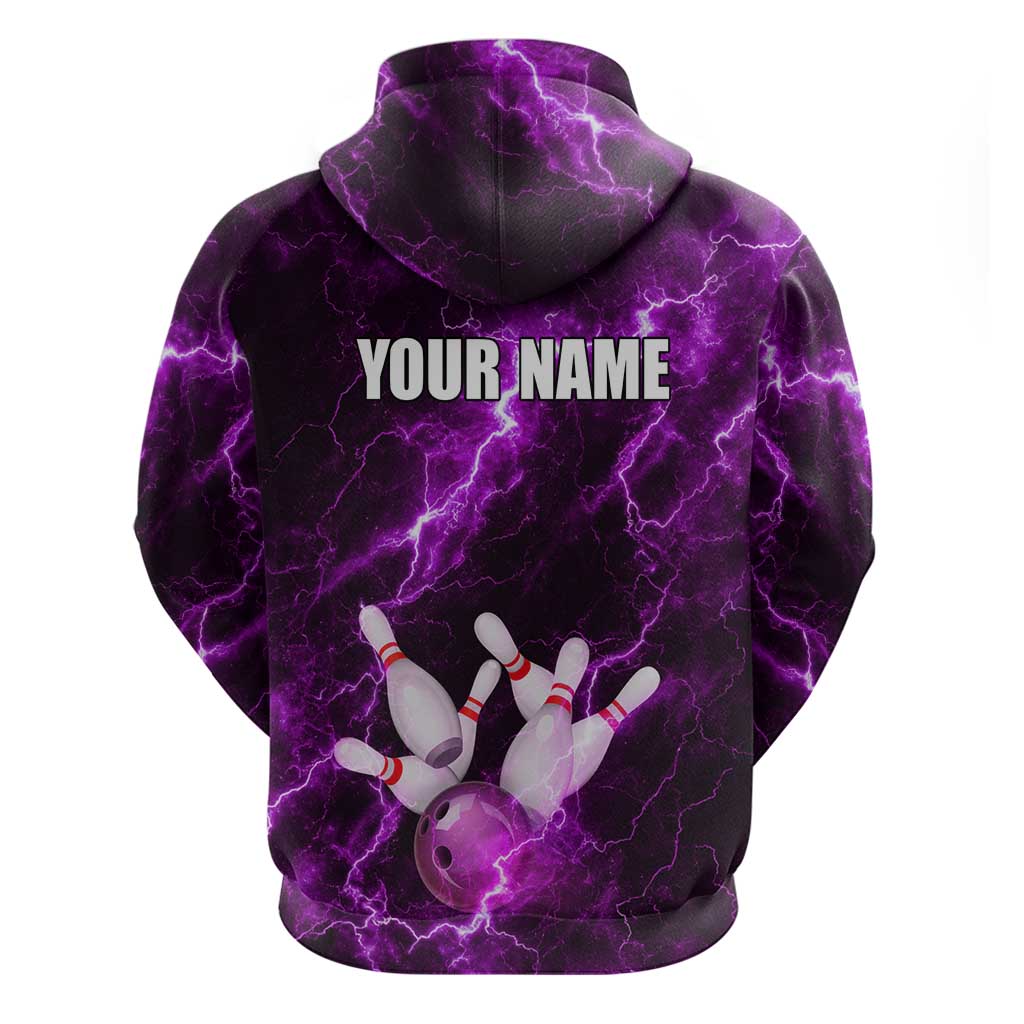 Bowling Ball and Pins Hoodie Purple Lightning Background and Custom Name Design TS04