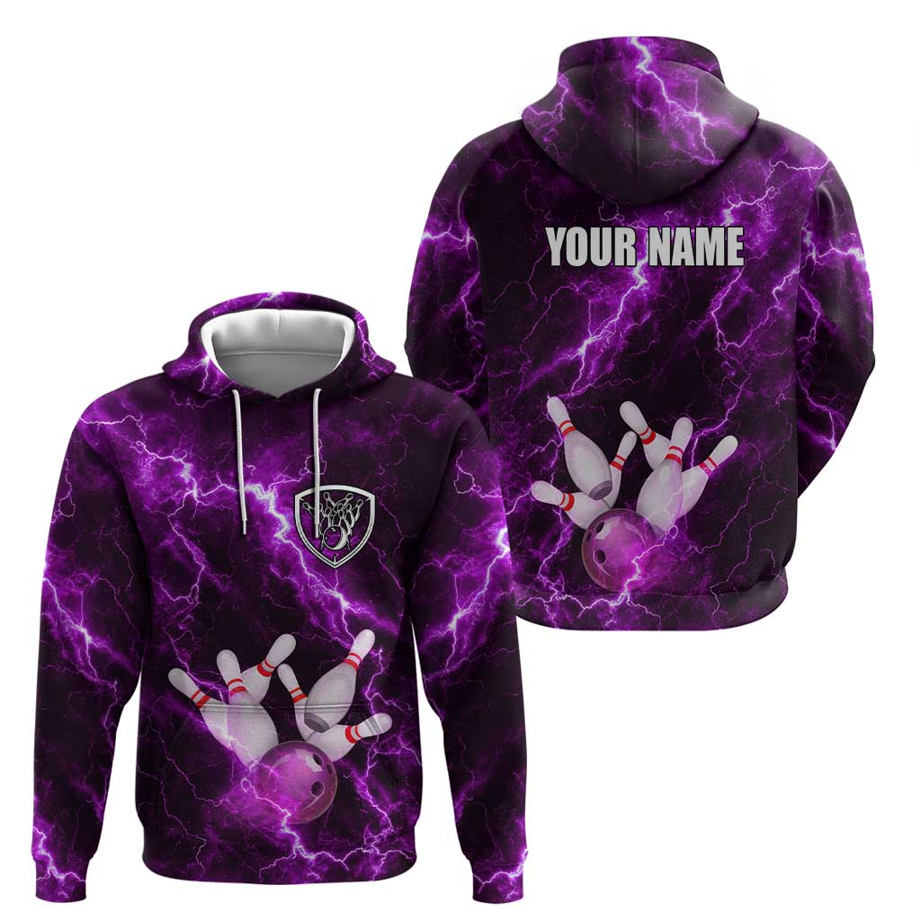Bowling Ball and Pins Hoodie Purple Lightning Background and Custom Name Design TS04