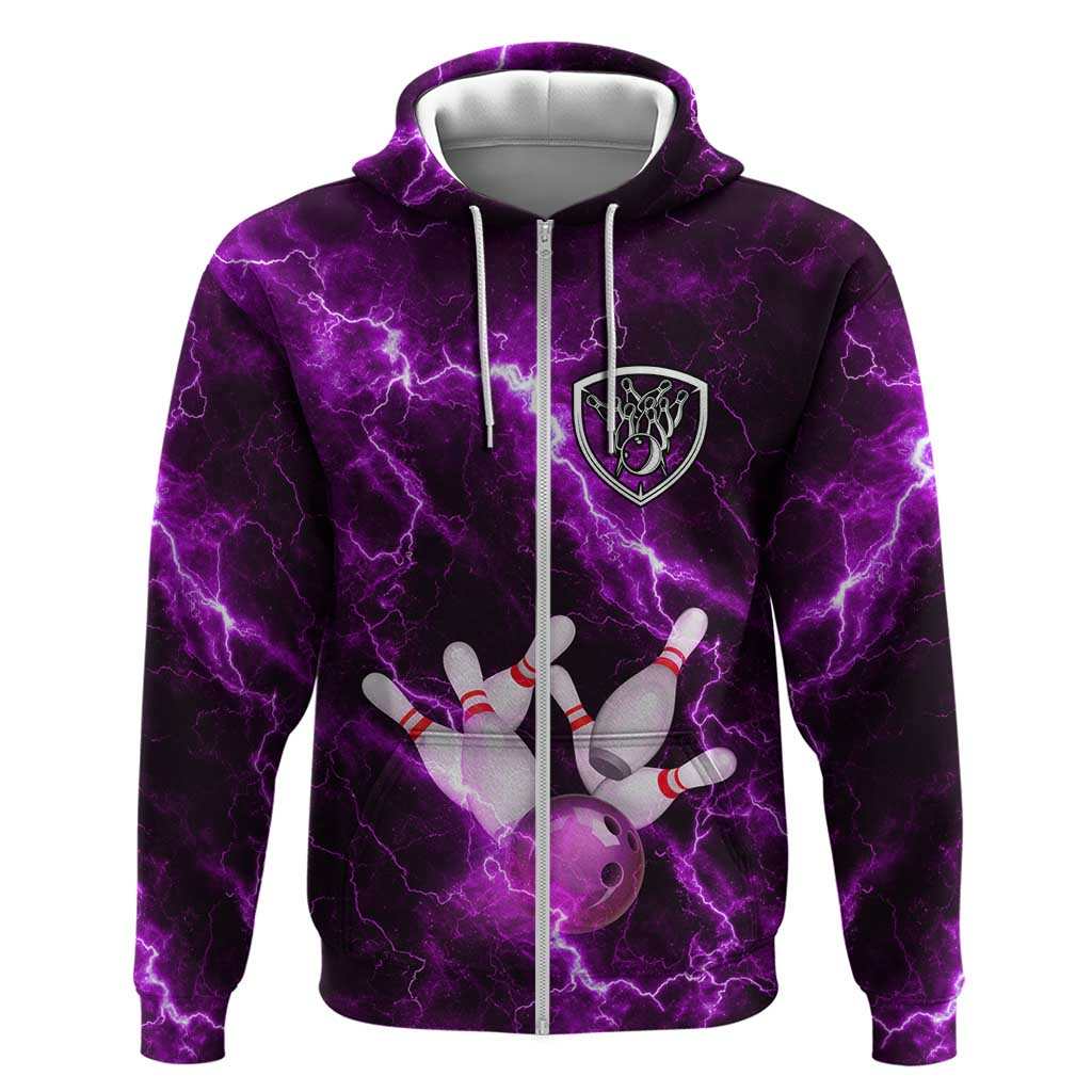 Bowling Ball and Pins Hoodie Purple Lightning Background and Custom Name Design TS04