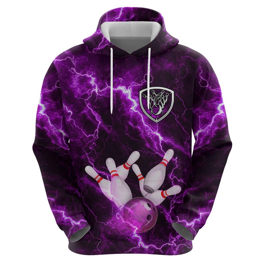 Bowling Ball and Pins Hoodie Purple Lightning Background and Custom Name Design TS04