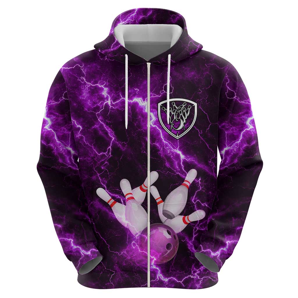 Bowling Ball and Pins Hoodie Purple Lightning Background and Custom Name Design TS04