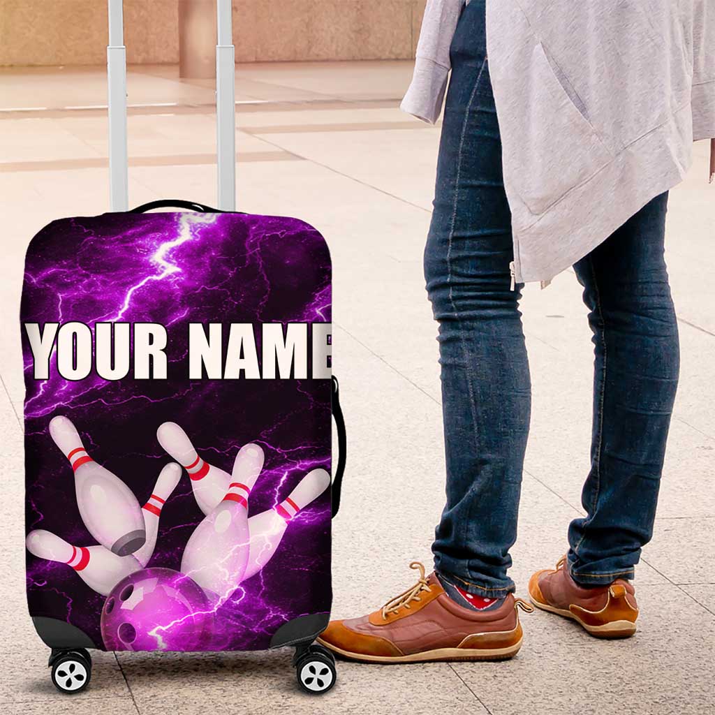 Bowling Ball and Pins Luggage Cover Purple Lightning Background and Custom Name Design TS04