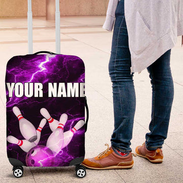 Bowling Ball and Pins Luggage Cover Purple Lightning Background and Custom Name Design TS04