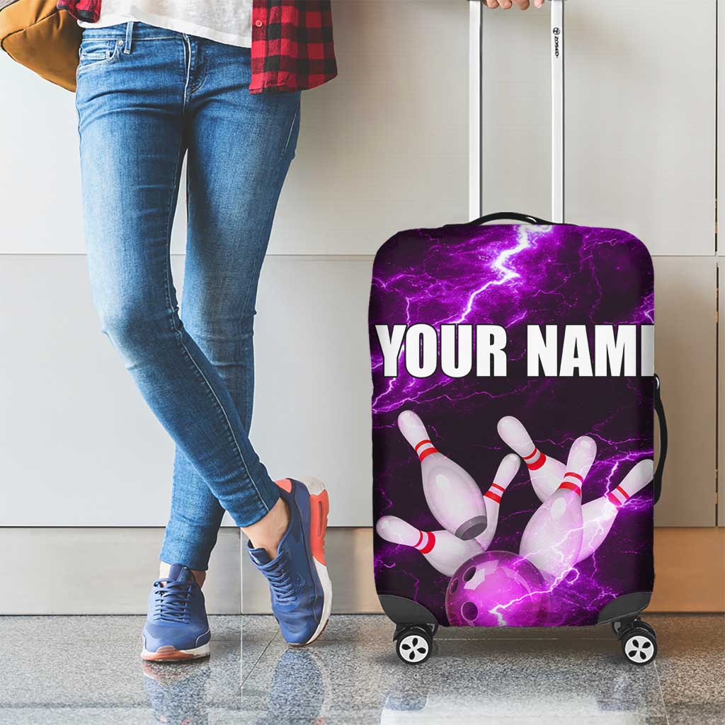 Bowling Ball and Pins Luggage Cover Purple Lightning Background and Custom Name Design TS04
