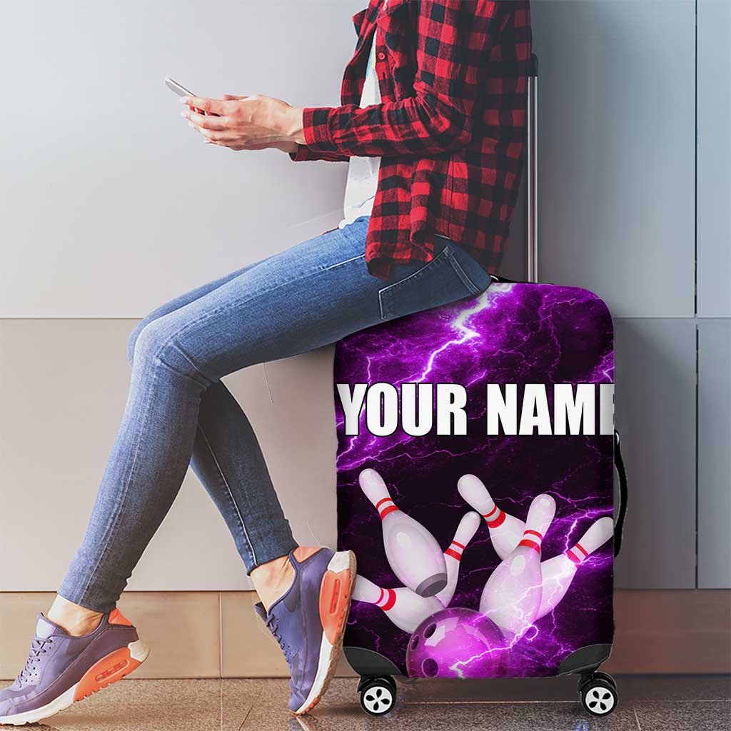 Bowling Ball and Pins Luggage Cover Purple Lightning Background and Custom Name Design TS04