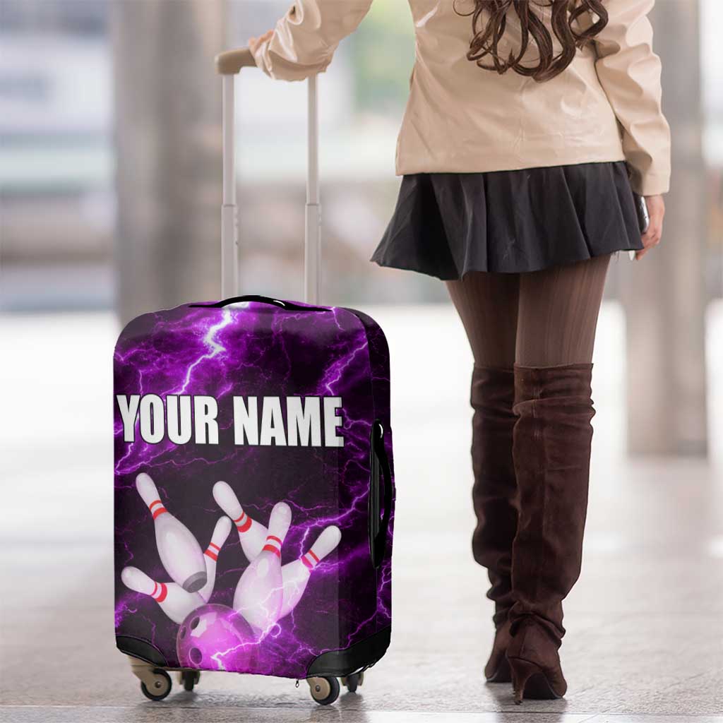 Bowling Ball and Pins Luggage Cover Purple Lightning Background and Custom Name Design TS04