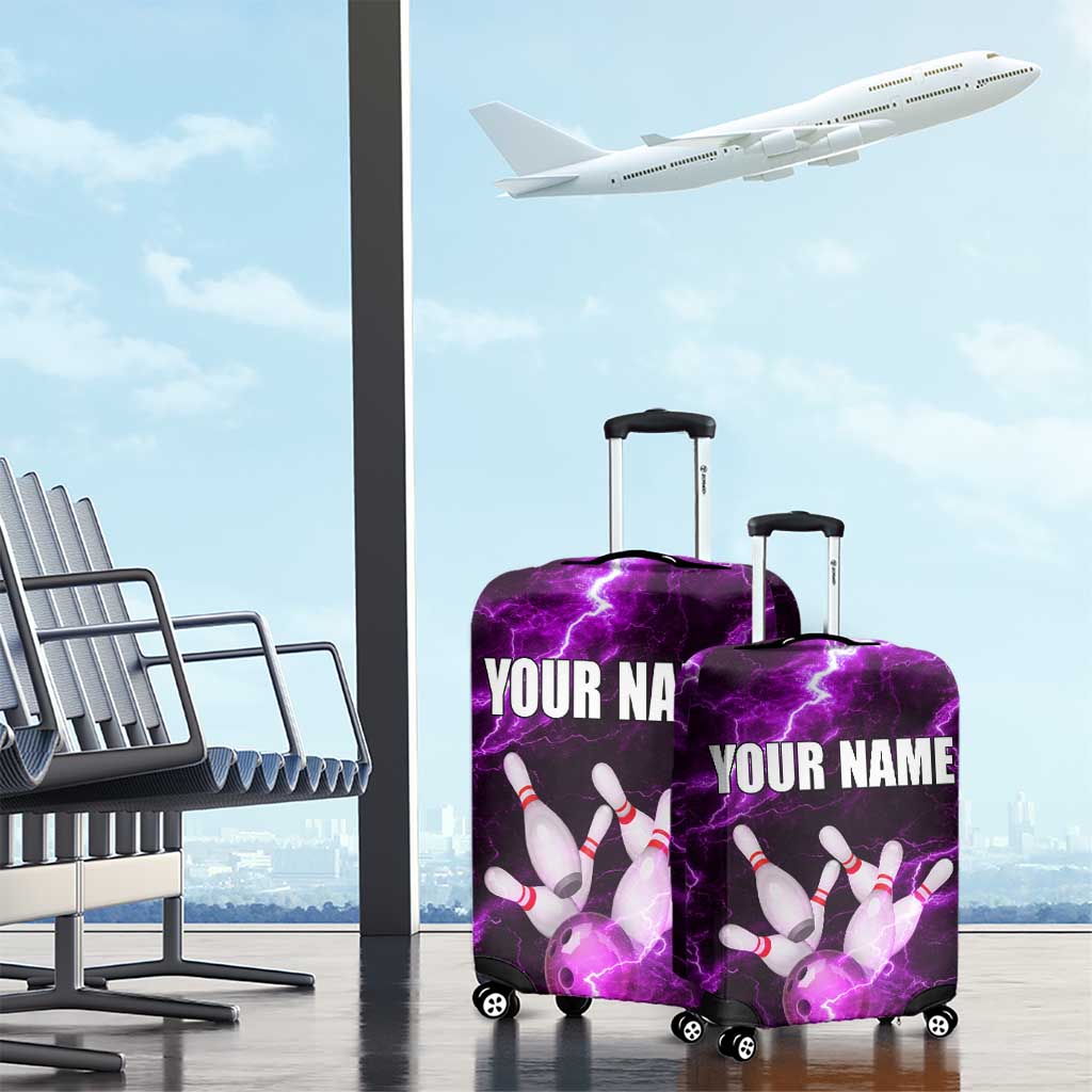 Bowling Ball and Pins Luggage Cover Purple Lightning Background and Custom Name Design TS04