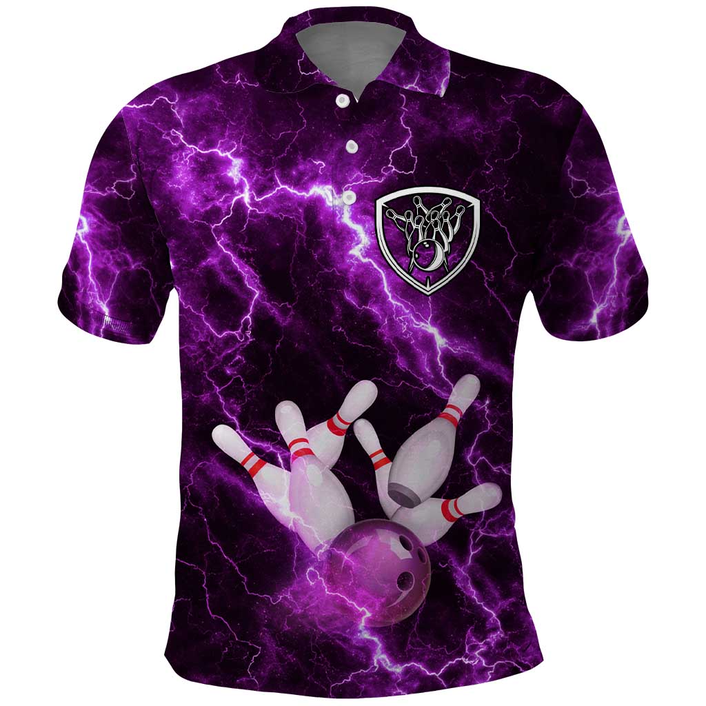 Bowling Ball and Pins Polo Shirt Purple Lightning Background and Custom Name Design TS04