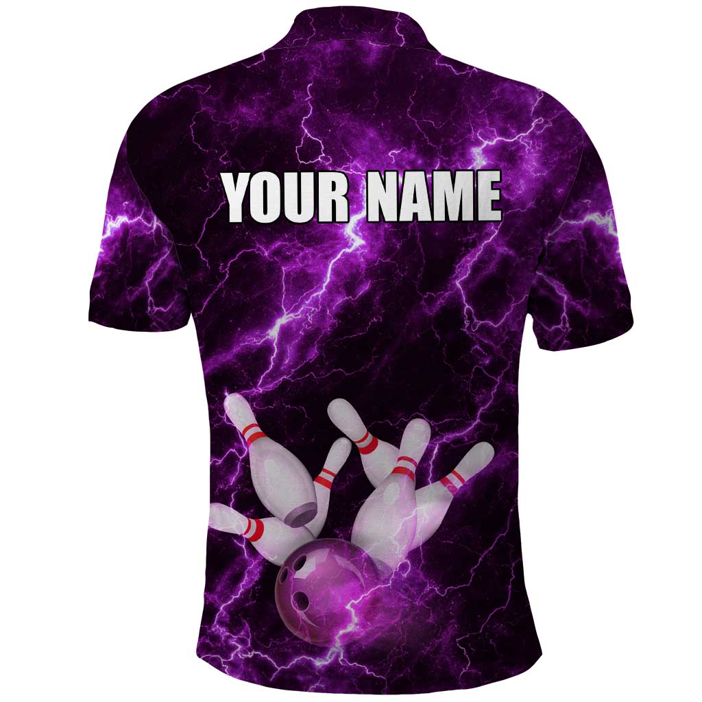 Bowling Ball and Pins Polo Shirt Purple Lightning Background and Custom Name Design TS04