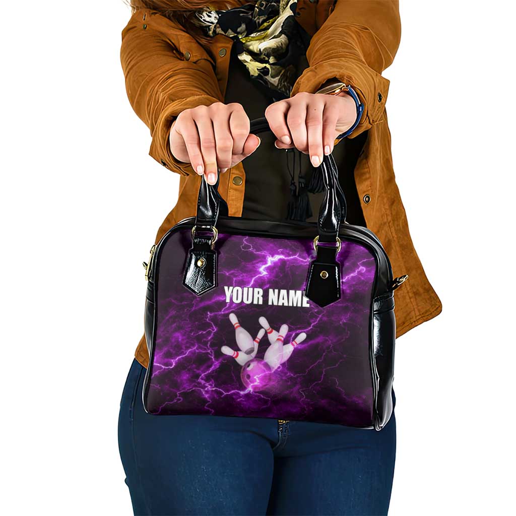 Bowling Ball and Pins Shoulder Handbag Purple Lightning Background and Custom Name Design TS04