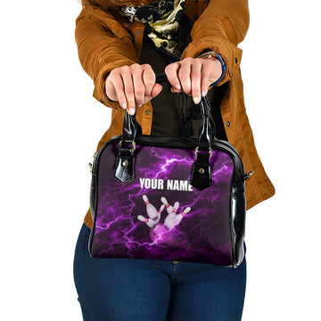 Bowling Ball and Pins Shoulder Handbag Purple Lightning Background and Custom Name Design TS04