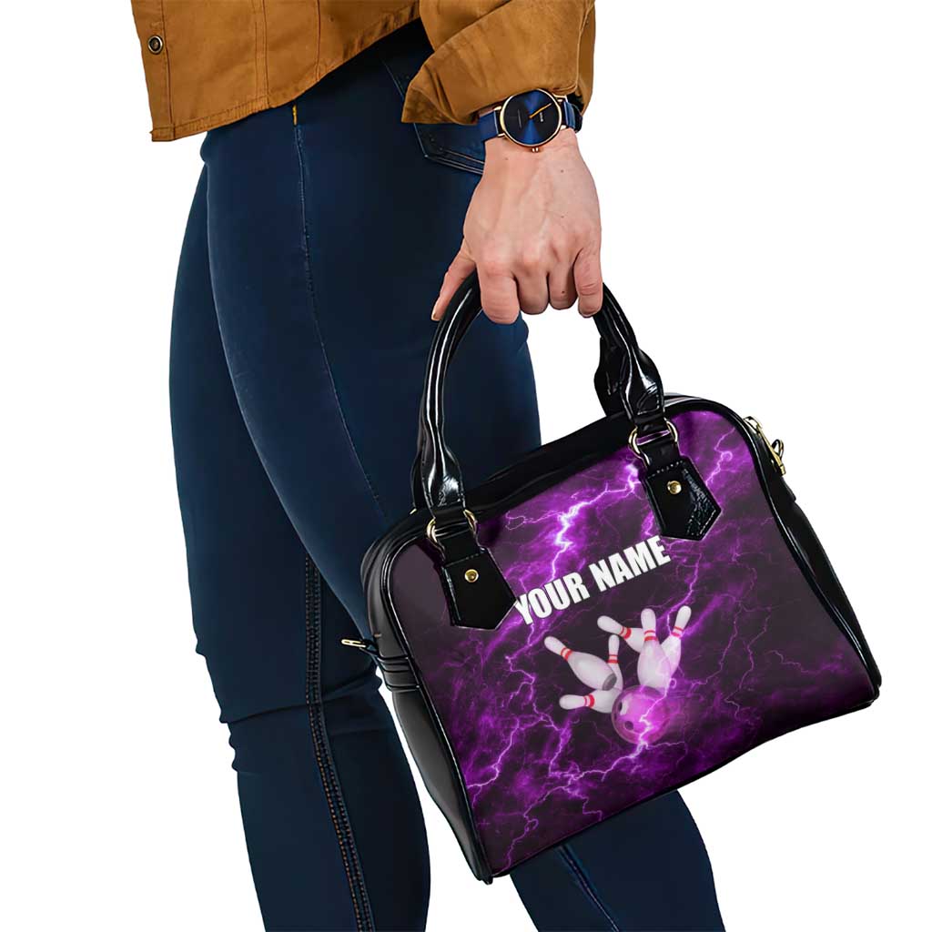 Bowling Ball and Pins Shoulder Handbag Purple Lightning Background and Custom Name Design TS04