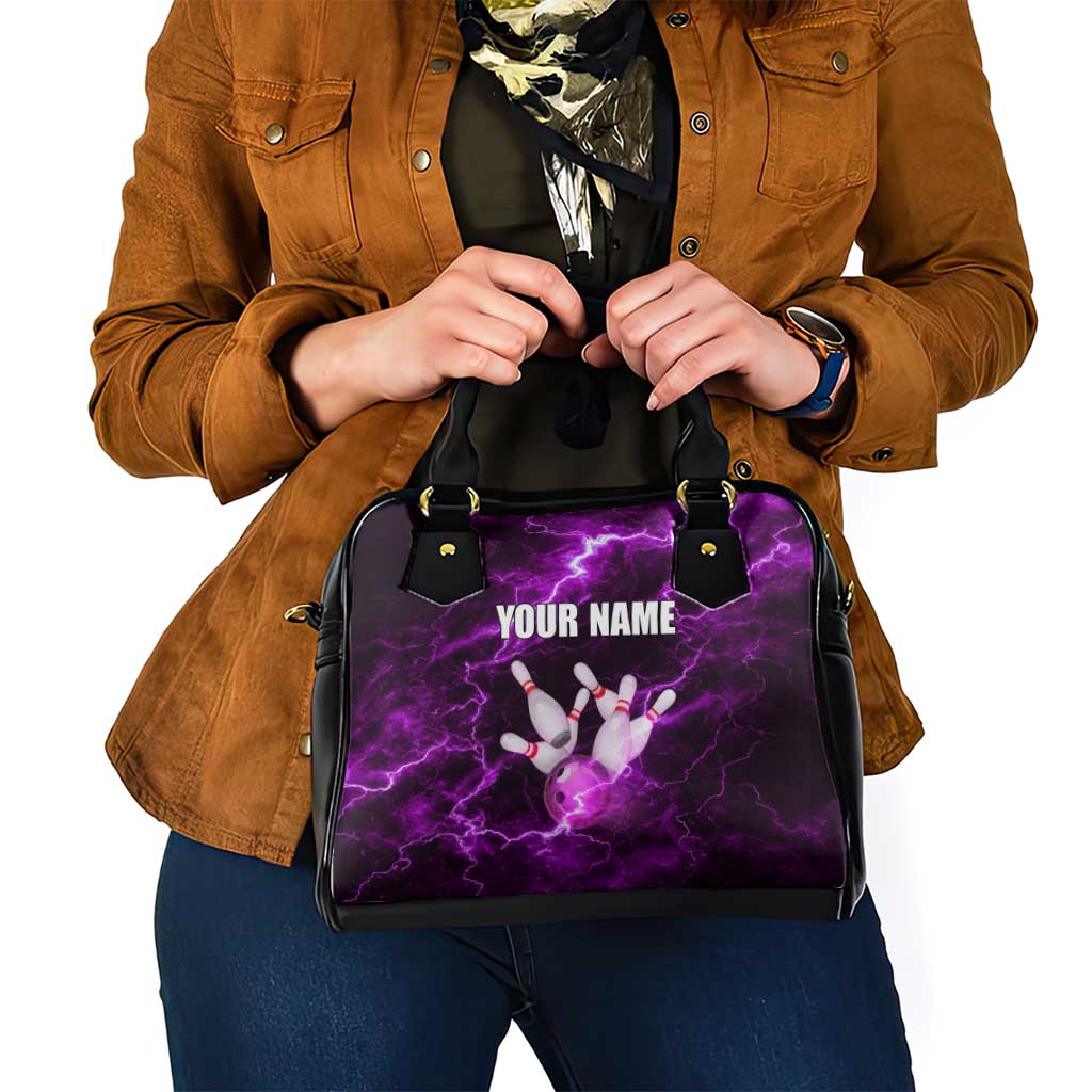 Bowling Ball and Pins Shoulder Handbag Purple Lightning Background and Custom Name Design TS04