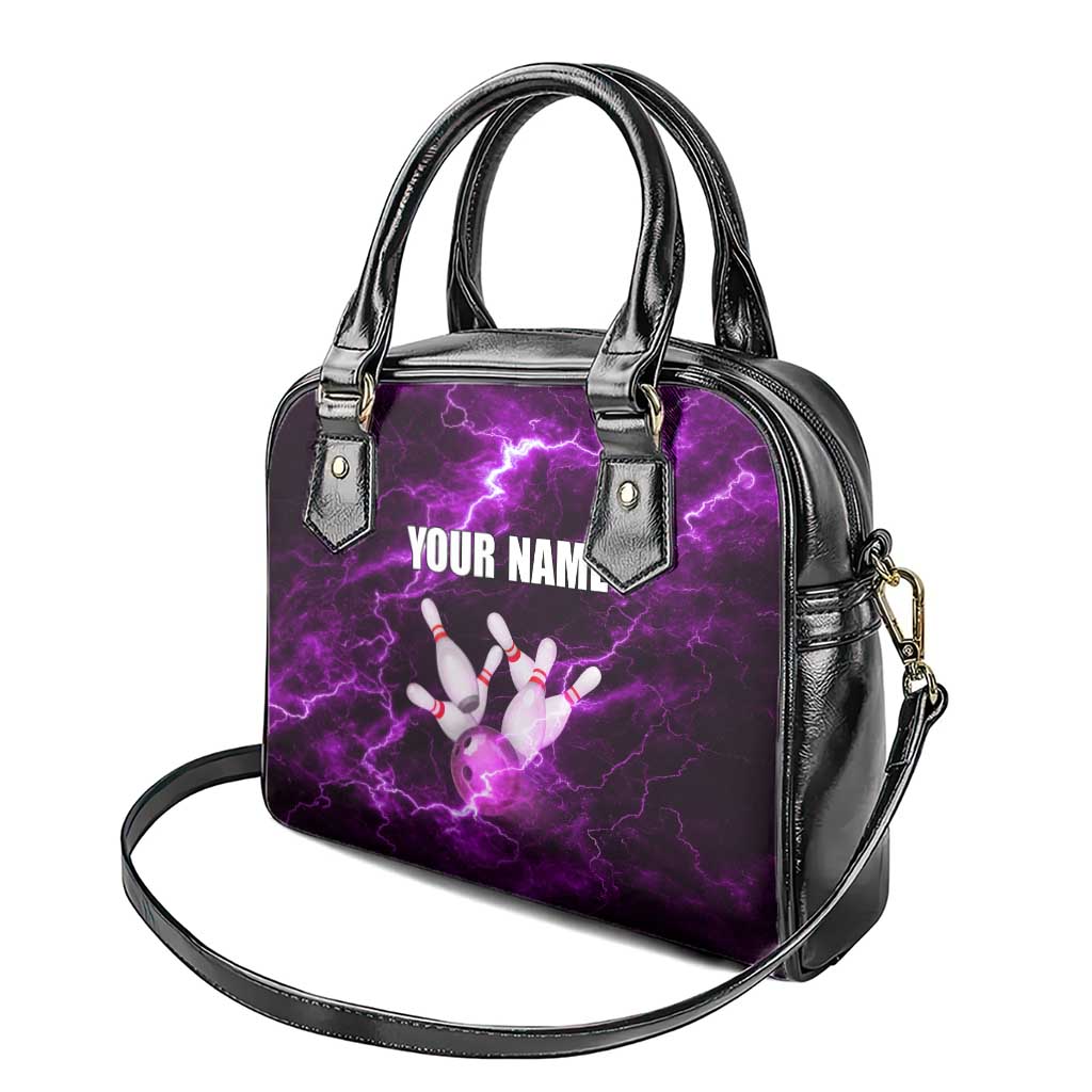 Bowling Ball and Pins Shoulder Handbag Purple Lightning Background and Custom Name Design TS04