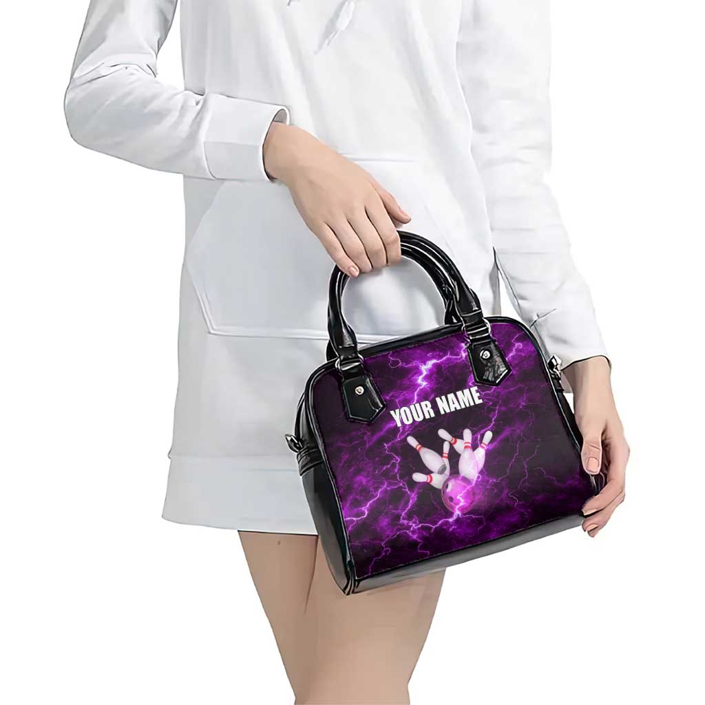 Bowling Ball and Pins Shoulder Handbag Purple Lightning Background and Custom Name Design TS04