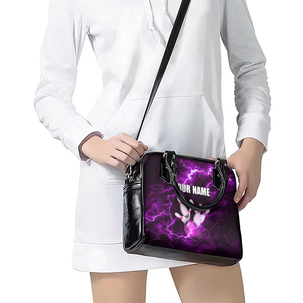 Bowling Ball and Pins Shoulder Handbag Purple Lightning Background and Custom Name Design TS04