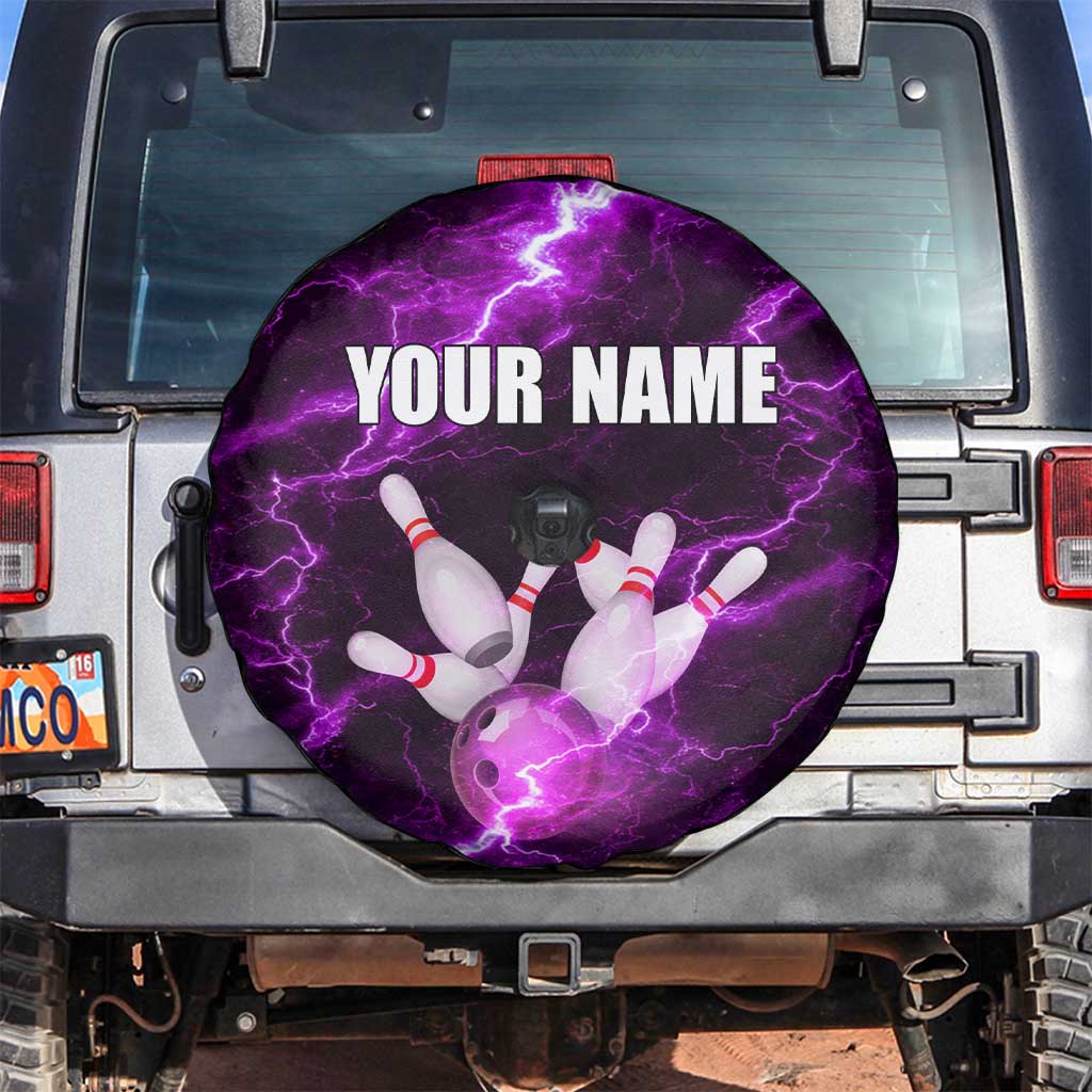 Bowling Ball and Pins Spare Tire Cover Purple Lightning Background and Custom Name Design TS04