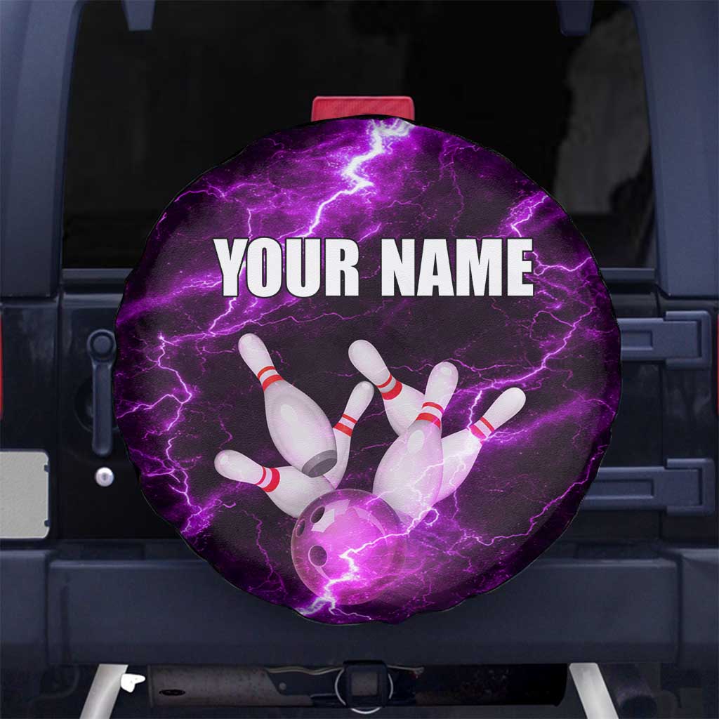 Bowling Ball and Pins Spare Tire Cover Purple Lightning Background and Custom Name Design TS04