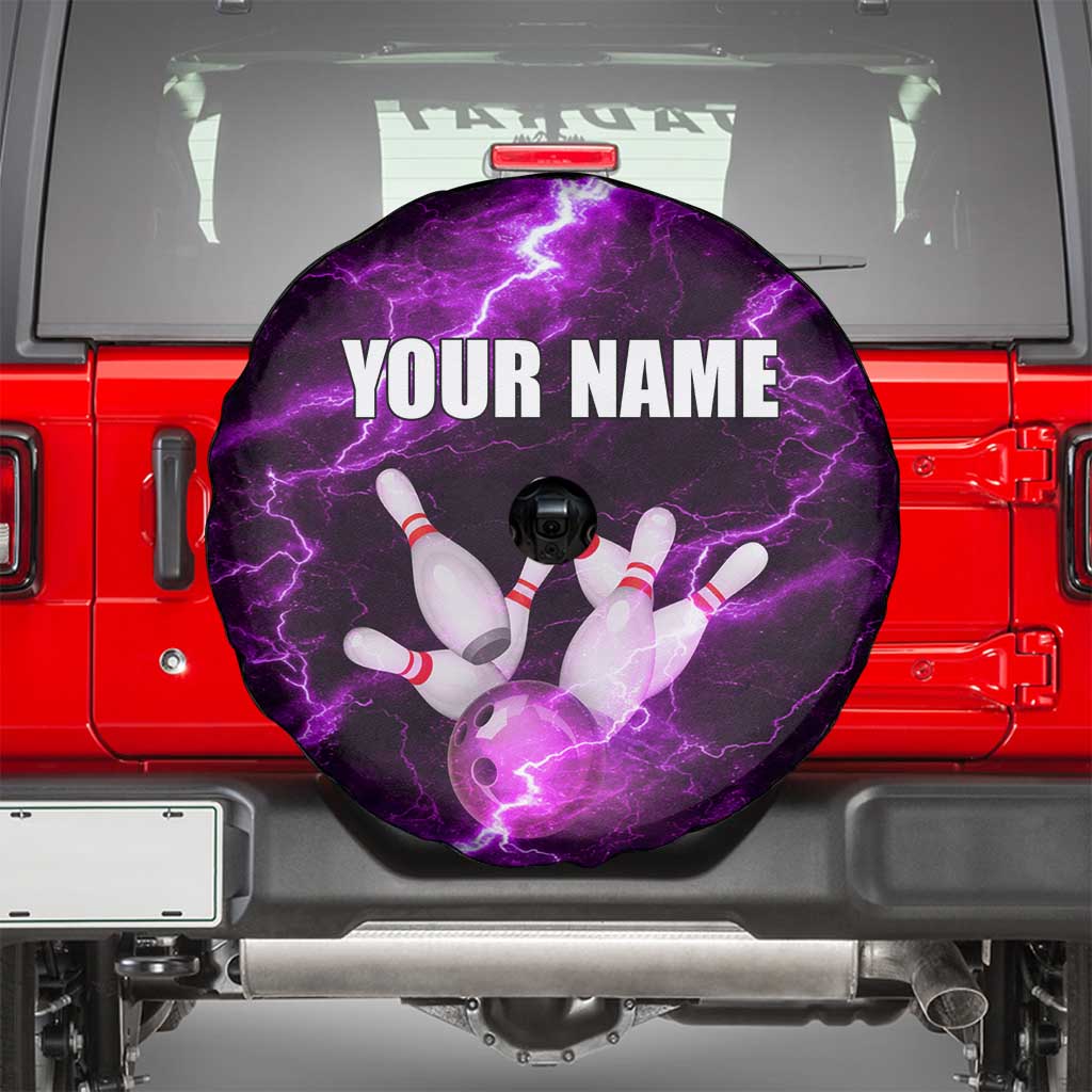 Bowling Ball and Pins Spare Tire Cover Purple Lightning Background and Custom Name Design TS04