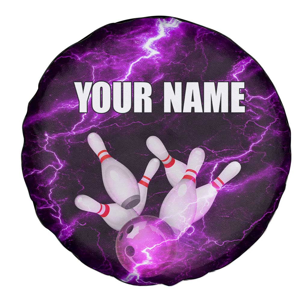 Bowling Ball and Pins Spare Tire Cover Purple Lightning Background and Custom Name Design TS04