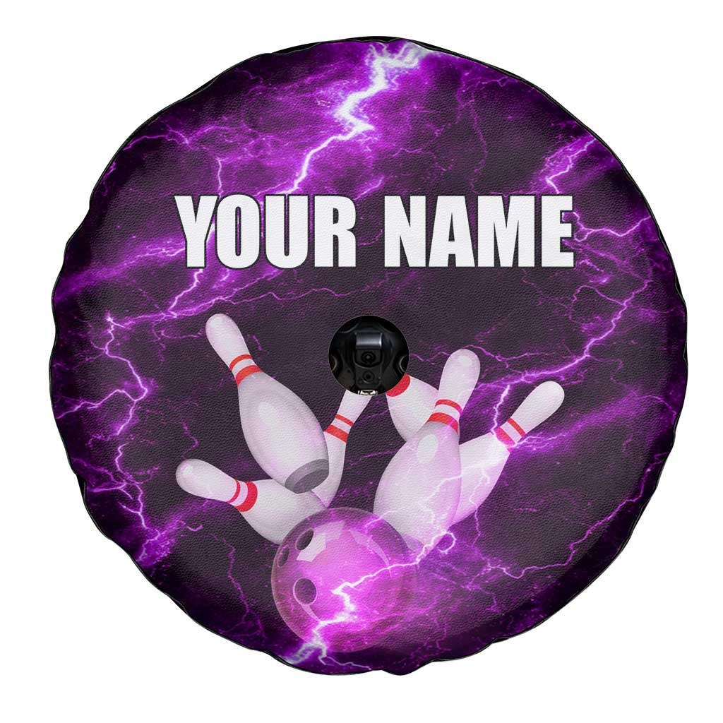Bowling Ball and Pins Spare Tire Cover Purple Lightning Background and Custom Name Design TS04