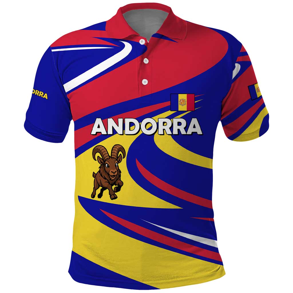 Andorra Polo Shirt with Cartoon Ibex and Swirl Stripe Design TS04