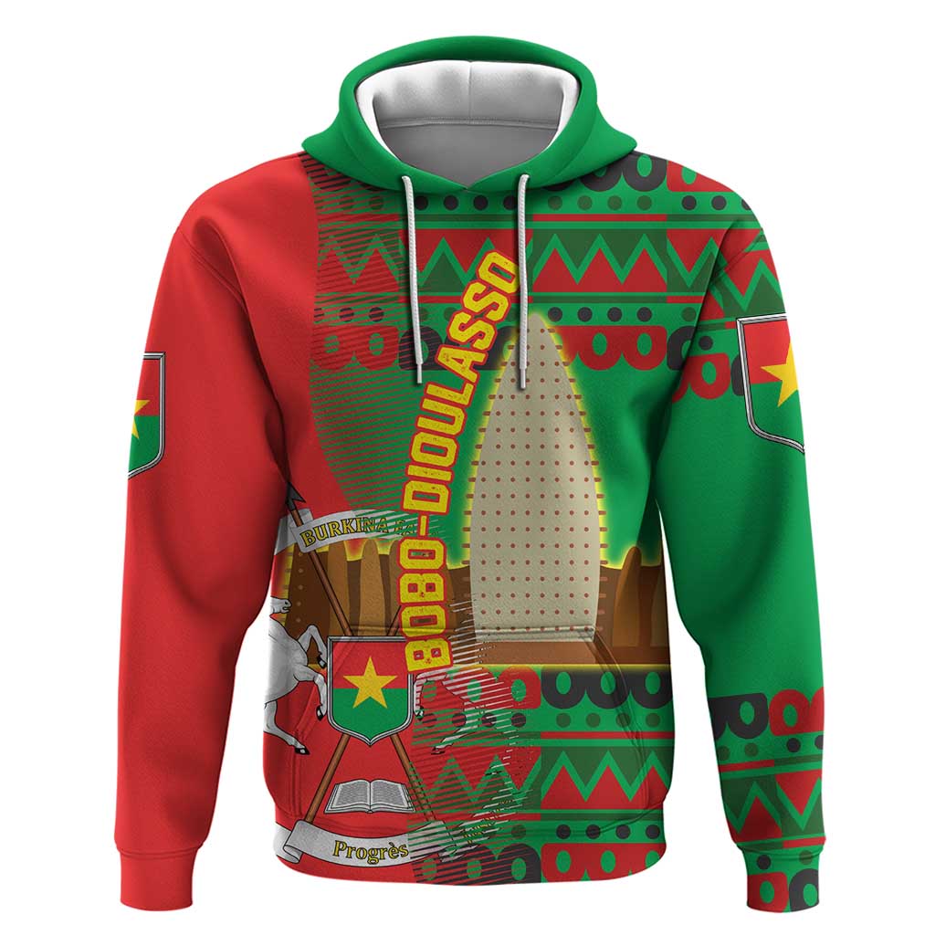 Burkina Faso Hoodie with Red Green Tribal Design and Bobo Dioulasso Landmark TS04