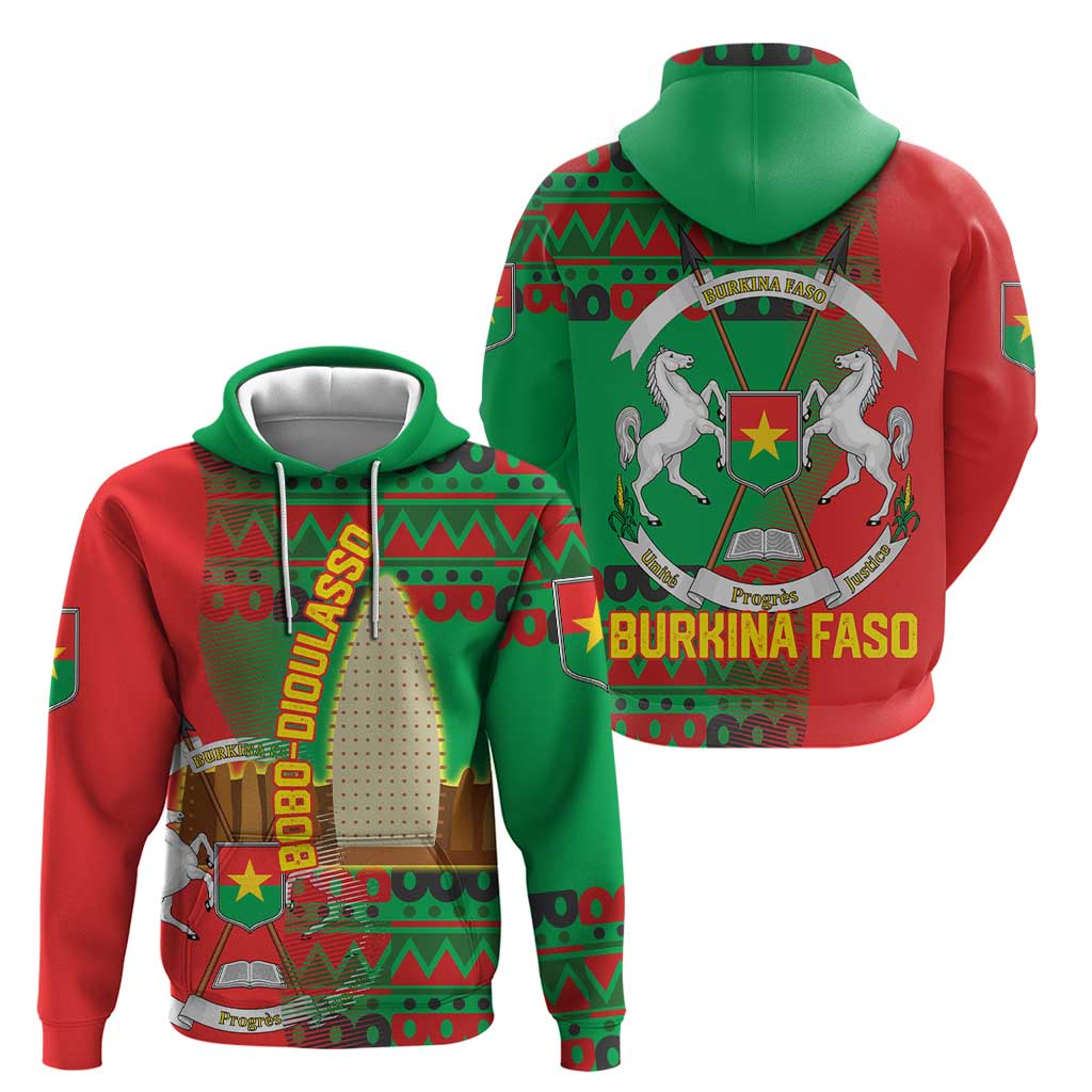 Burkina Faso Hoodie with Red Green Tribal Design and Bobo Dioulasso Landmark TS04